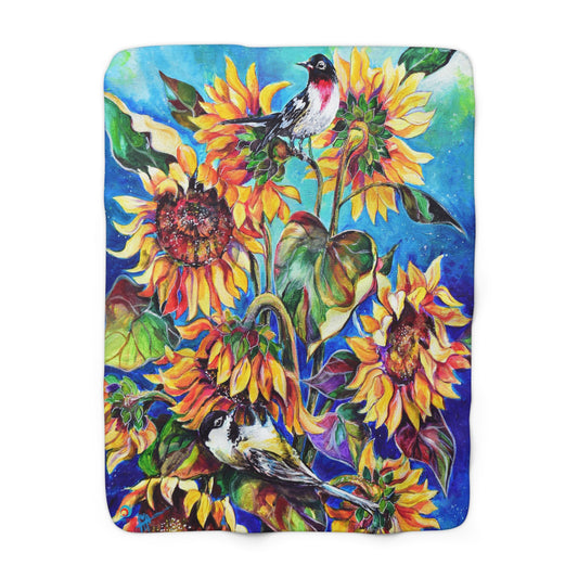Sunflowers and Birds - Sherpa Fleece Blanket