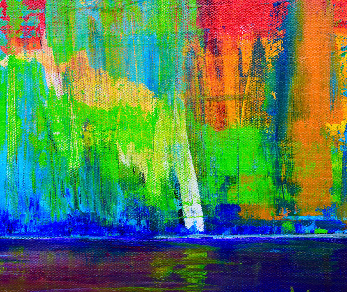 colorful abstract painting with vertical sweeps of color. Reflections of the colors on bottom 1/5th of painting