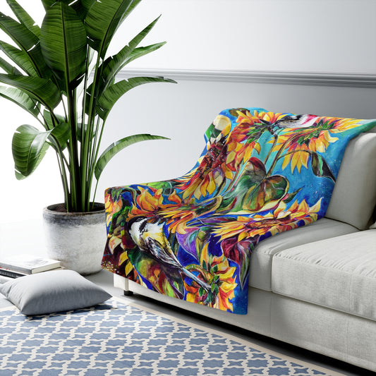 Sunflowers and Birds - Sherpa Fleece Blanket