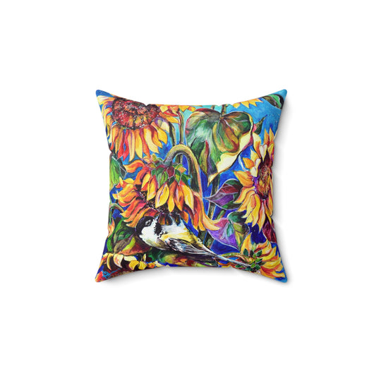 Pillow - Faux Suede with sunflowers and bird