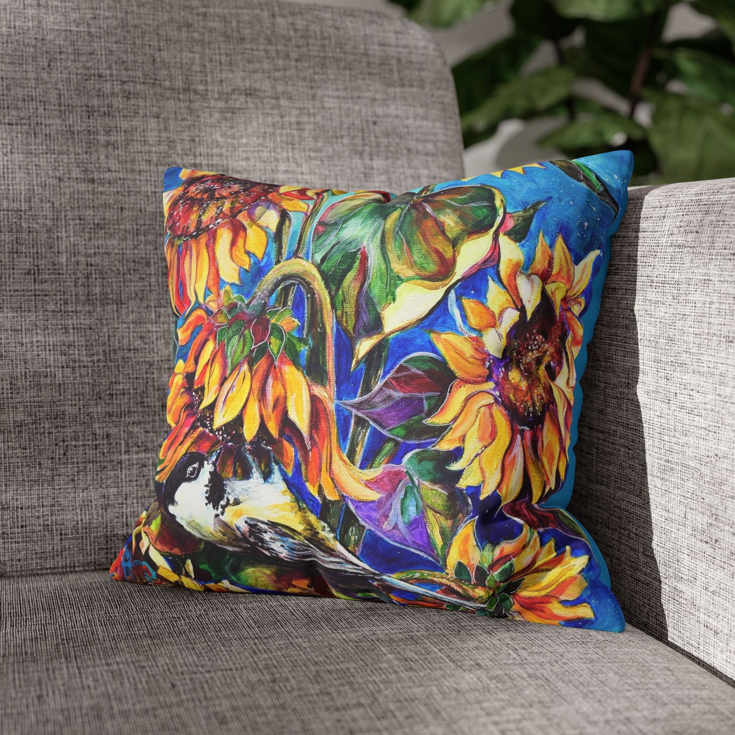 Pillow - Faux Suede with sunflowers and bird