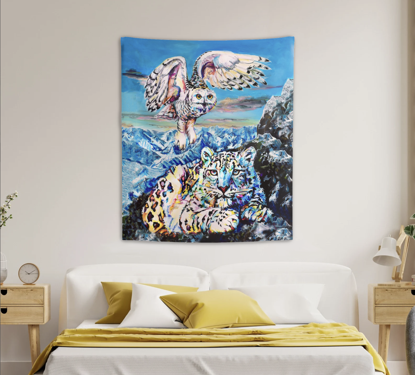 Indoor Wall Tapestry, artwork 'Hunting Partners' with Snowy Owl and Snowy Leopard in mountain scenery