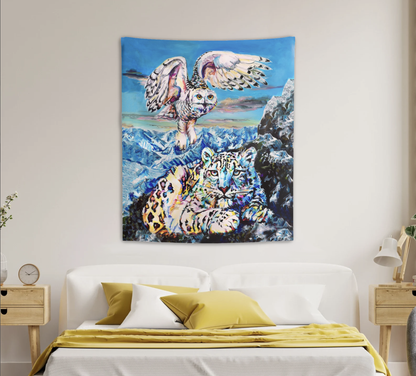Indoor Wall Tapestry, artwork 'Hunting Partners' with Snowy Owl and Snowy Leopard in mountain scenery