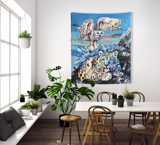 Indoor Wall Tapestry, artwork 'Hunting Partners' with Snowy Owl and Snowy Leopard in mountain scenery