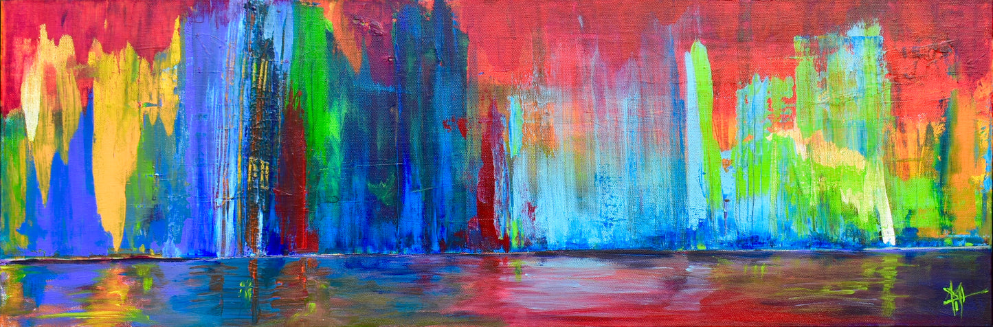 colorful abstract painting with vertical sweeps of color. Reflections of the colors on bottom 1/5th of painting