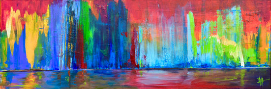 colorful abstract painting with vertical sweeps of color. Reflections of the colors on bottom 1/5th of painting
