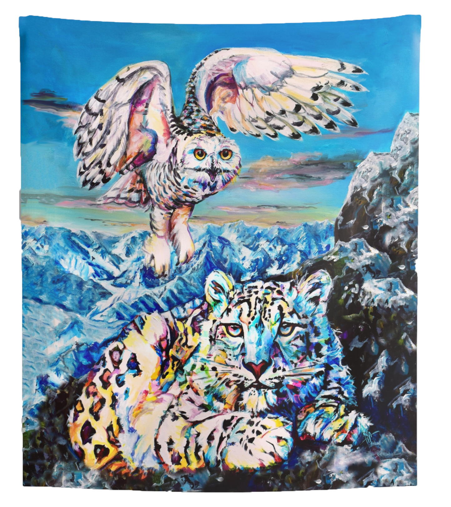 Indoor Wall Tapestry, artwork 'Hunting Partners' with Snowy Owl and Snowy Leopard in mountain scenery
