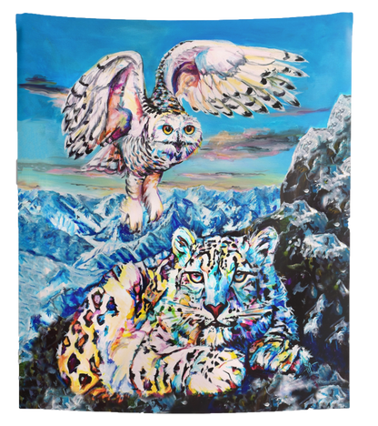 Indoor Wall Tapestry, artwork 'Hunting Partners' with Snowy Owl and Snowy Leopard in mountain scenery